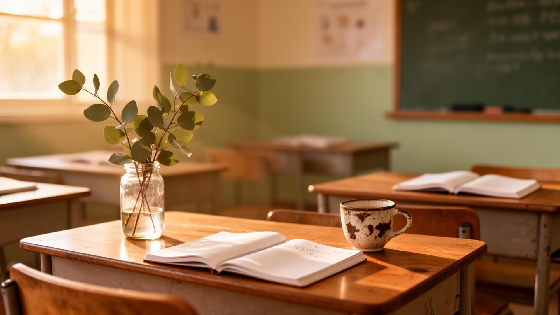 A sunlit Australian classroom with notebooks, eucalyptus leaves and a coffee cup